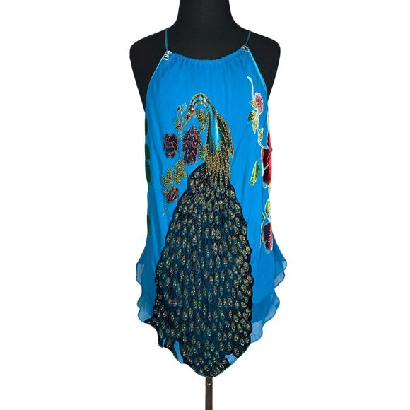 Lane Bryant Embellished Peacock Silk Halter Tank Top Size 22 Fairycore Velvet - Picture 1 of 13